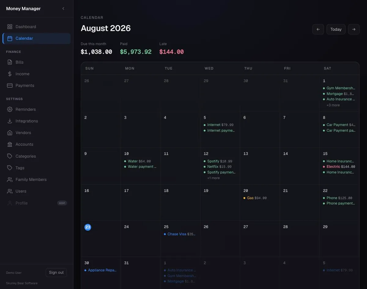 Calendar month grid — bills by status