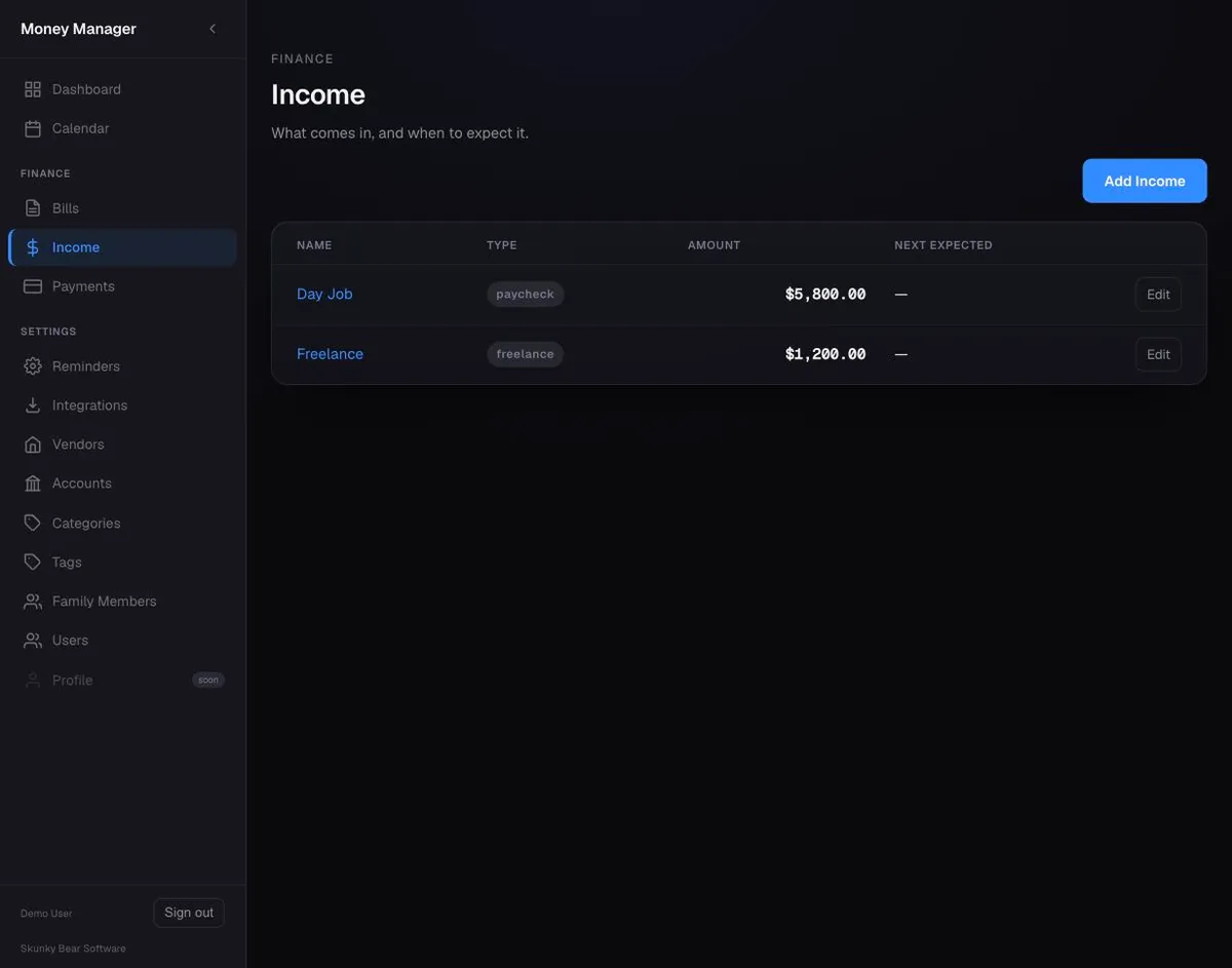 Income sources — recurring entries