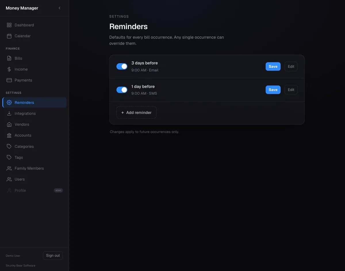 Reminder settings — channel overrides