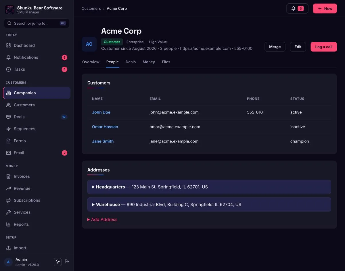 Company detail — contacts and services